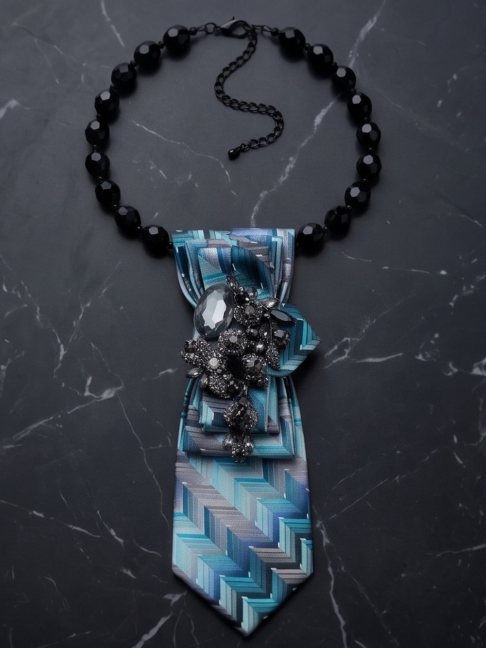Black Beaded Tie Necklace with Blue Chevron Pendant -